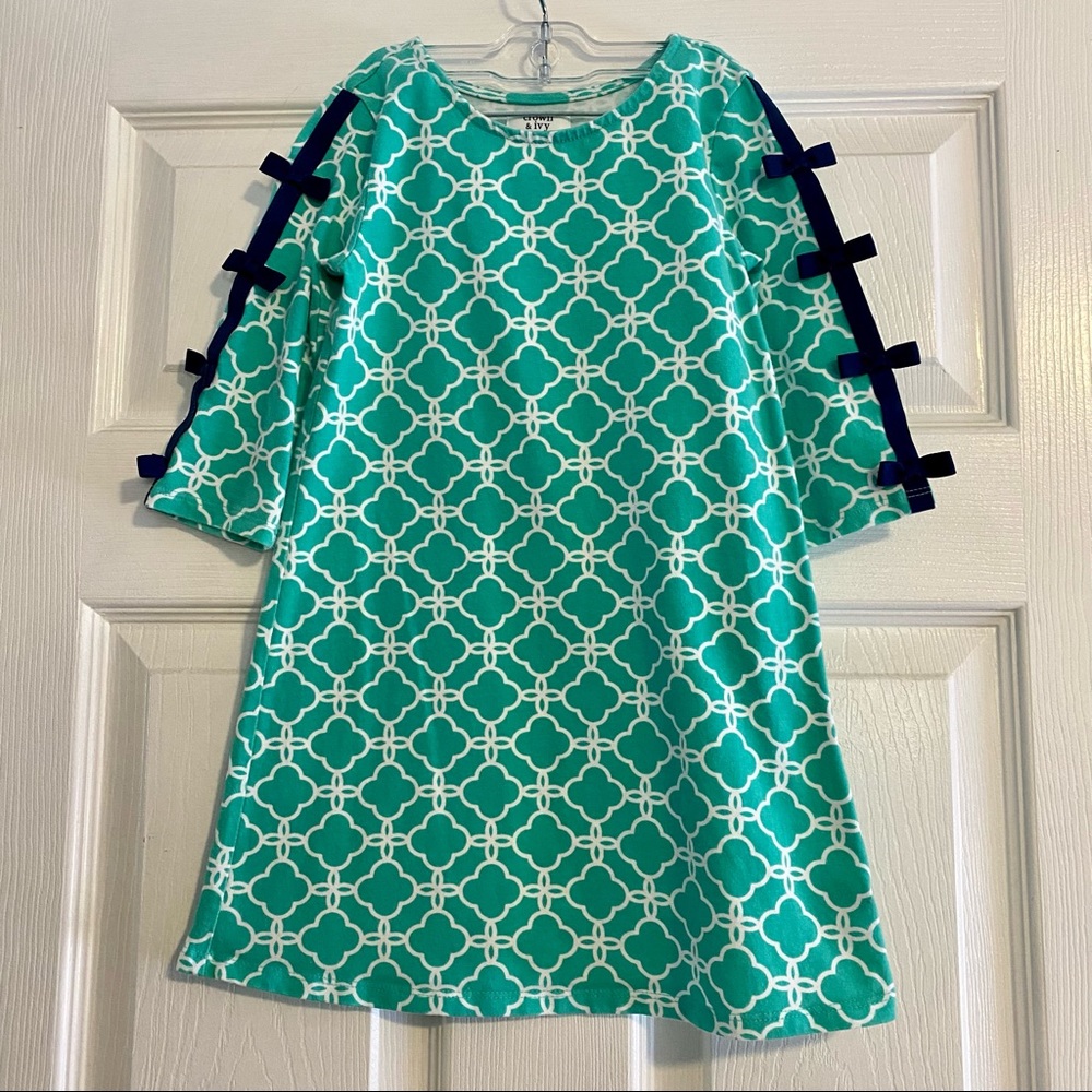 Crown and Ivy Kids toddler preppy dress teal with navy bows size 4T